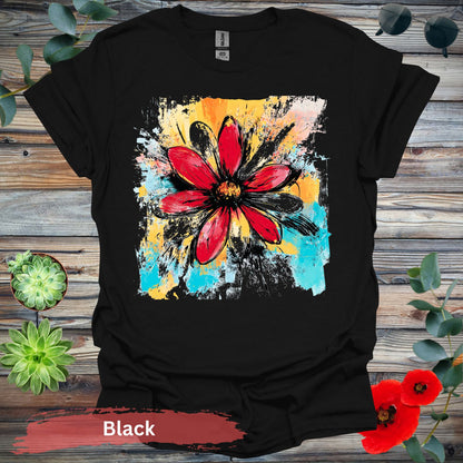 Vivid abstract daisy floral T-shirt - S / Black - Physical Item