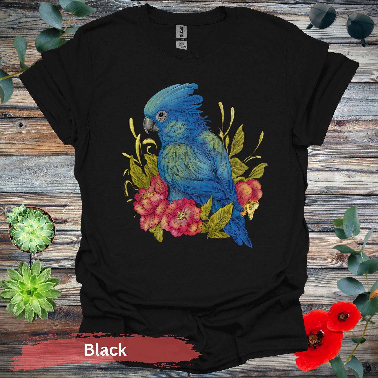 Blue Parrot With Red Flowers T-Shirt - S / Black - Physical Item