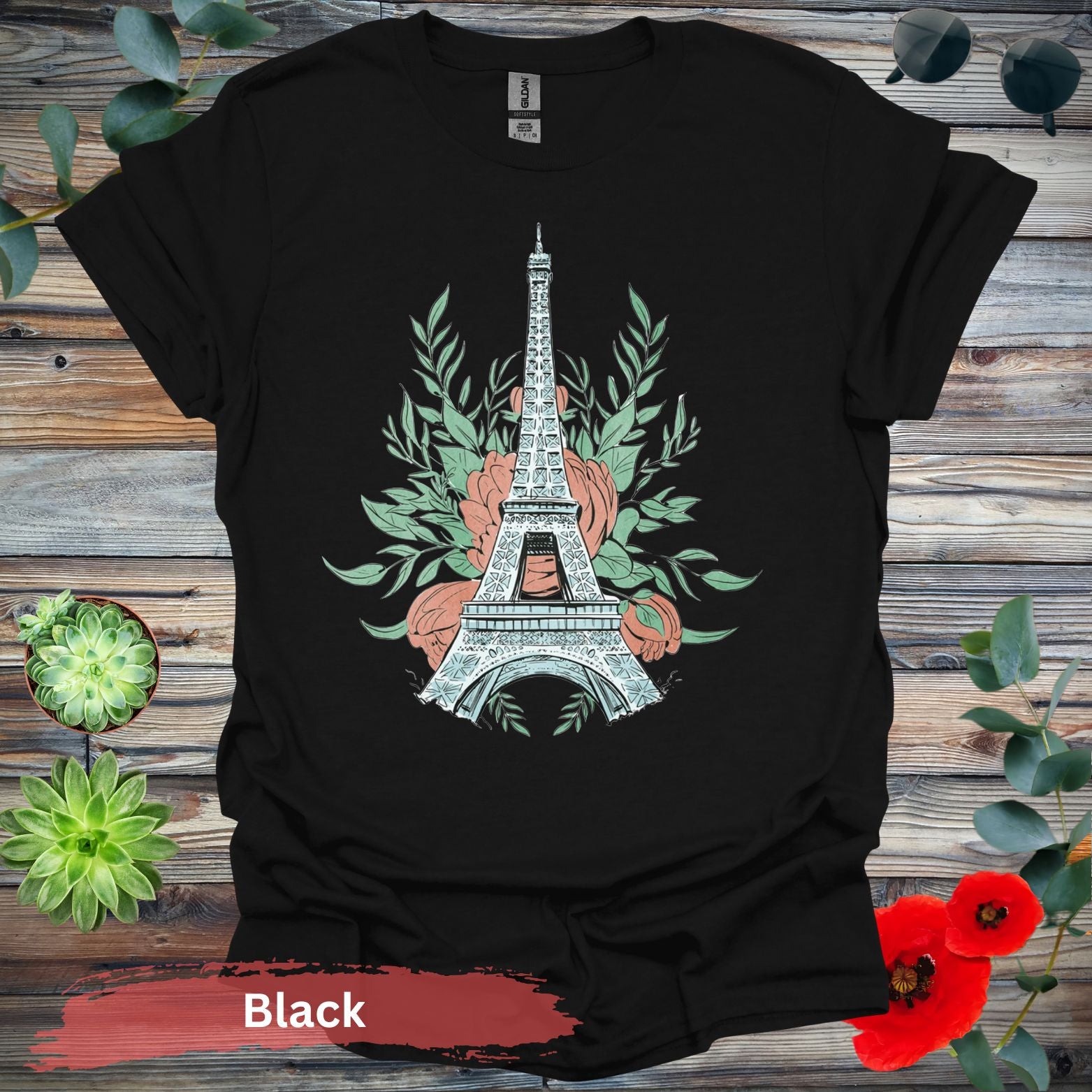 Eiffel Tower and Floral Design Graphic T-Shirt - S / Black - Physical Item