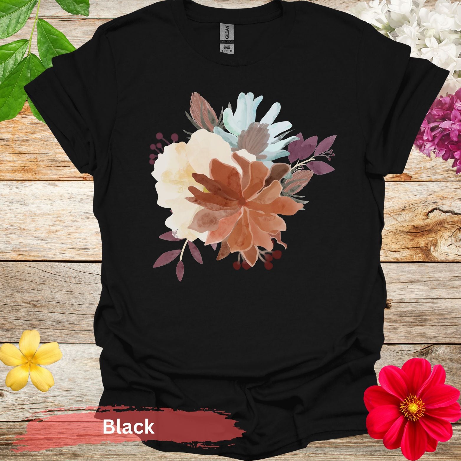 Colorful Floral Bouquet Design Graphic T-Shirt - S / Black - Physical Item