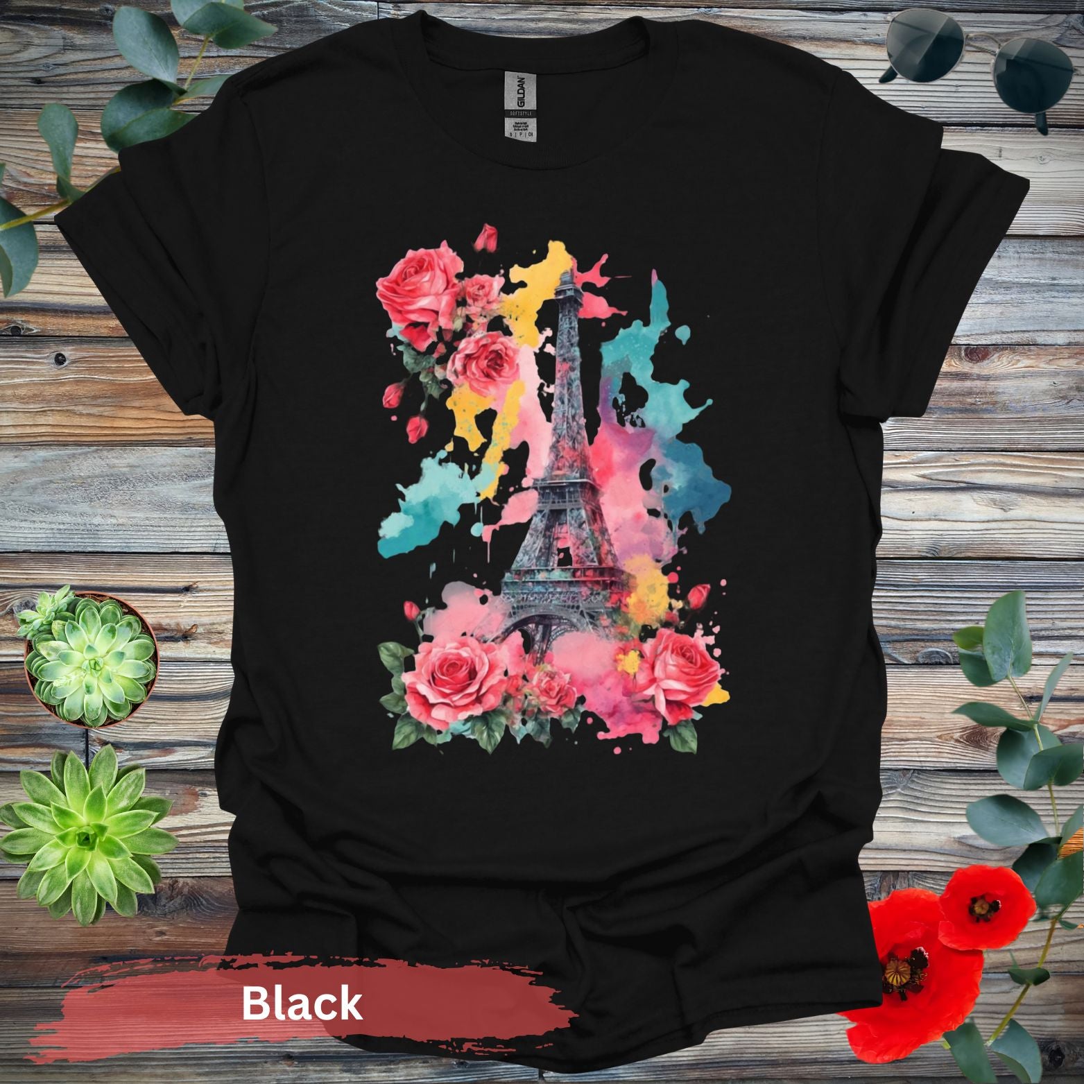 Eiffel Tower and Roses T-Shirt - S / Black - Physical Item