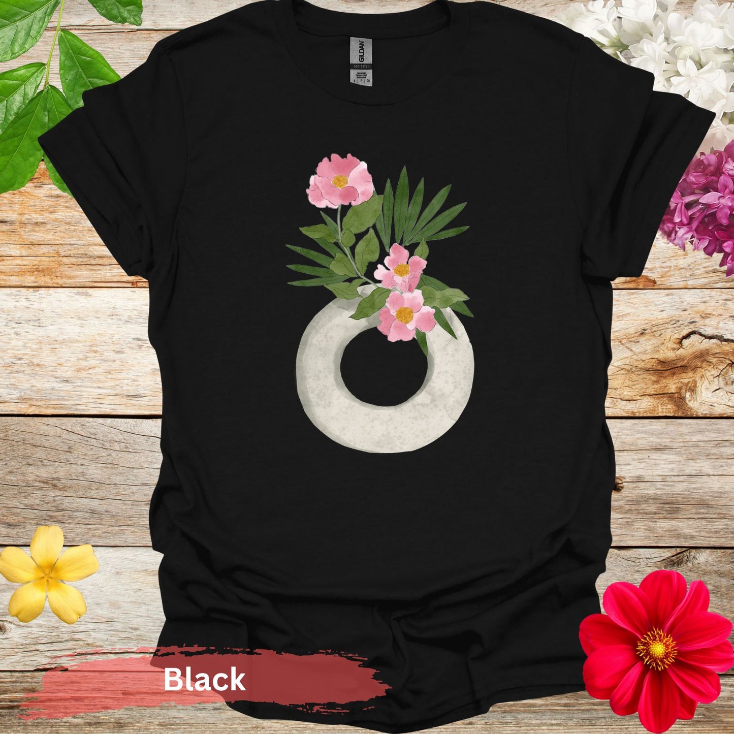 Watercolor Ikebana Camellia Floral T-Shirt - S / Black - Physical Item