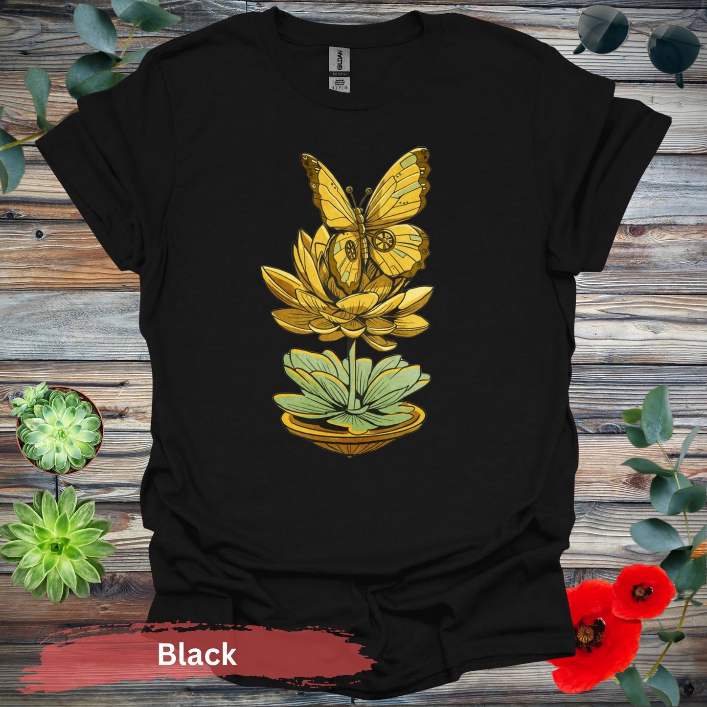 Steampunk-inspired Butterfly and Lotus T-Shirt - S / Black - Physical Item