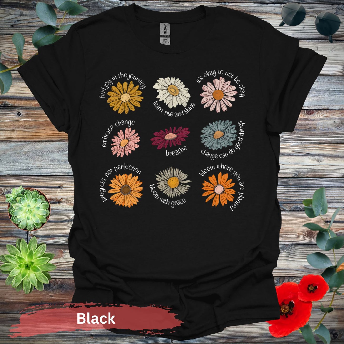 Inspirational Floral T-Shirt - S / Black - Physical Item