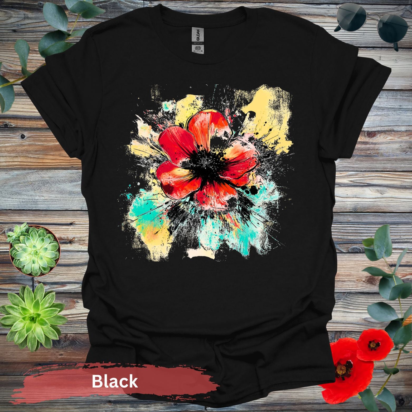 Vivid abstract daisy Graphic T-shirt - S / Black - Physical Item