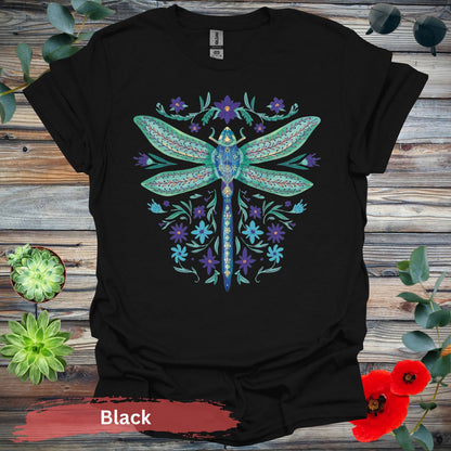 Dragonfly and Floral Graphic T-Shirt - S / Black - Physical Item