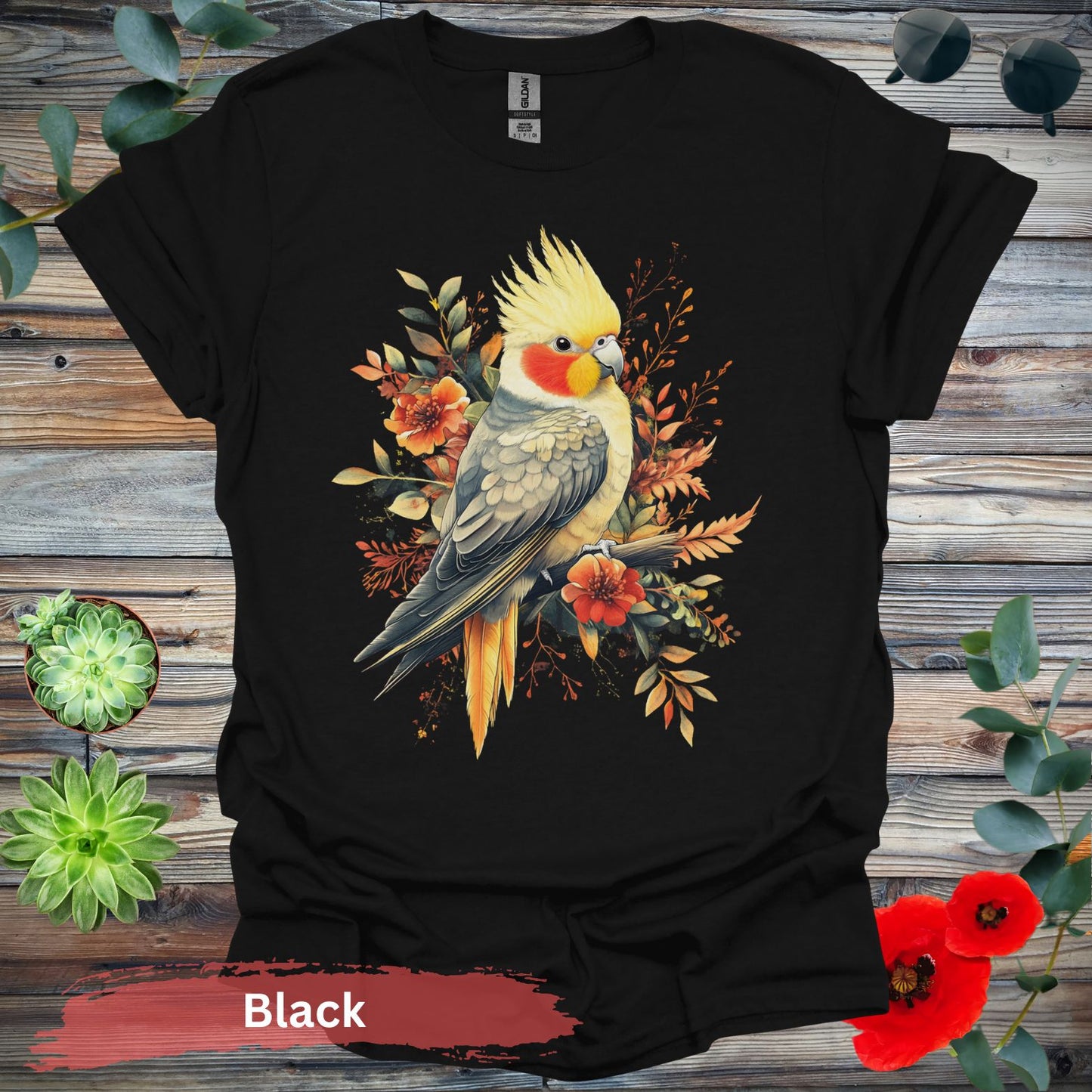 Vibrant Cockatiel and Floral Design T-Shirt - S / Black - Physical Item