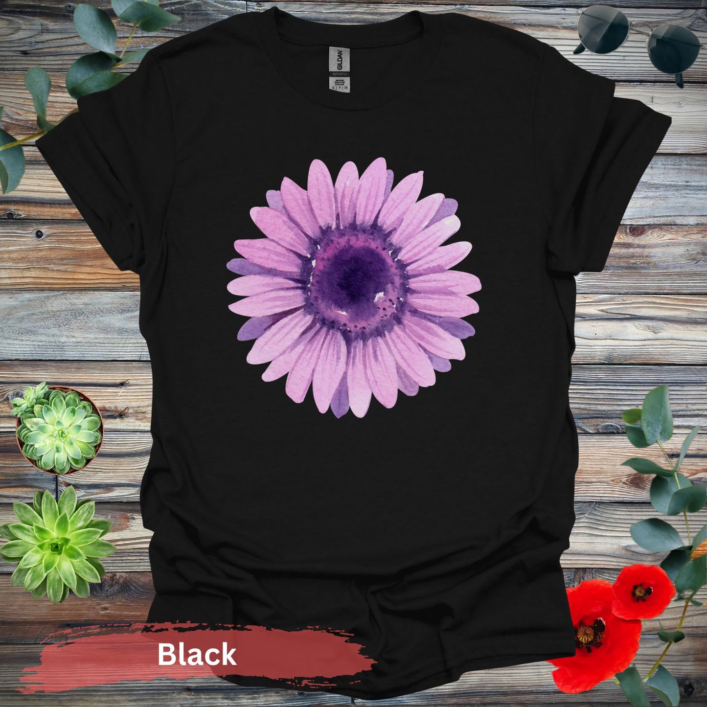 Purple Watercolor Flower T-shirt - S / Black - Physical Item