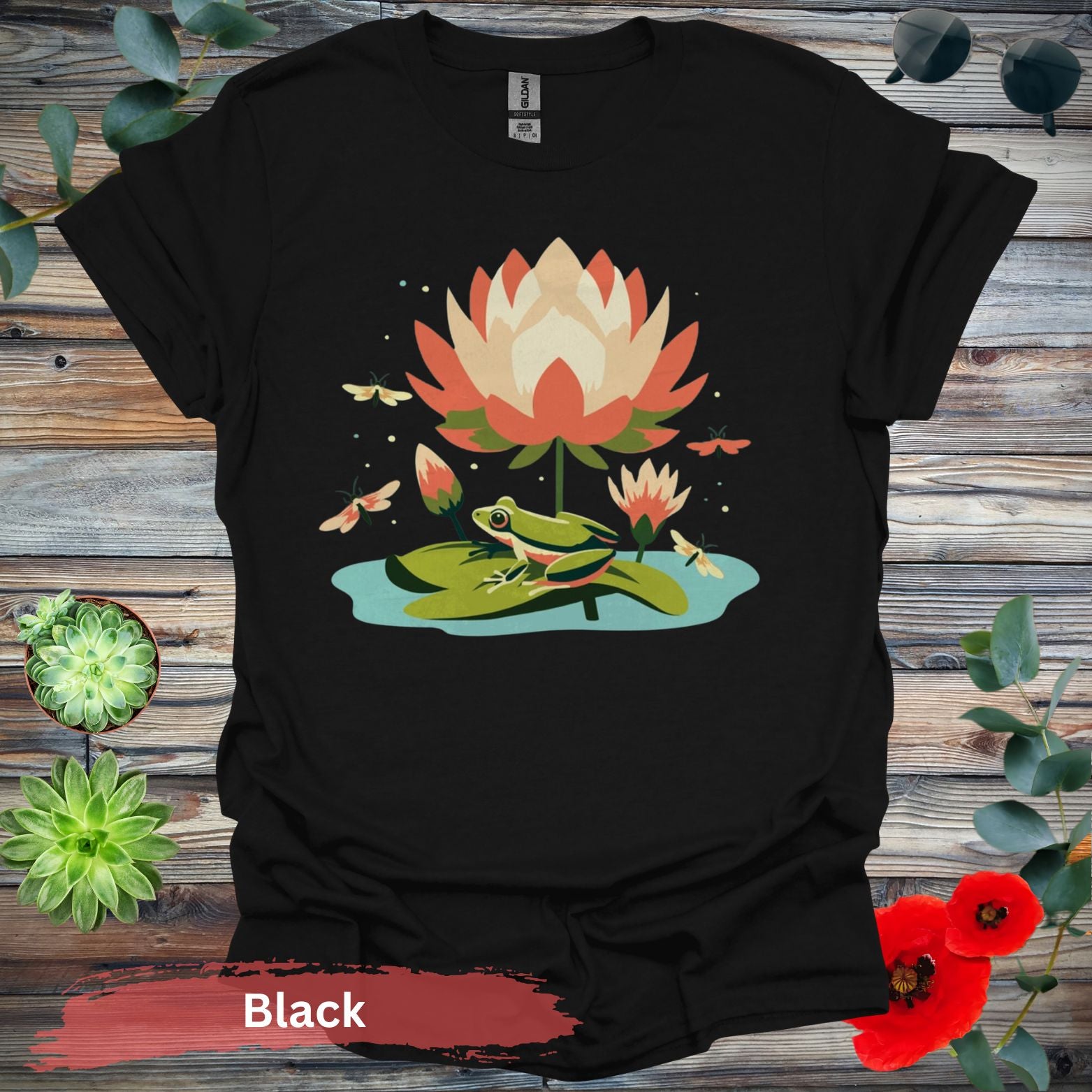 Frog on Lily Pad T-Shirt - S / Black - Physical Item