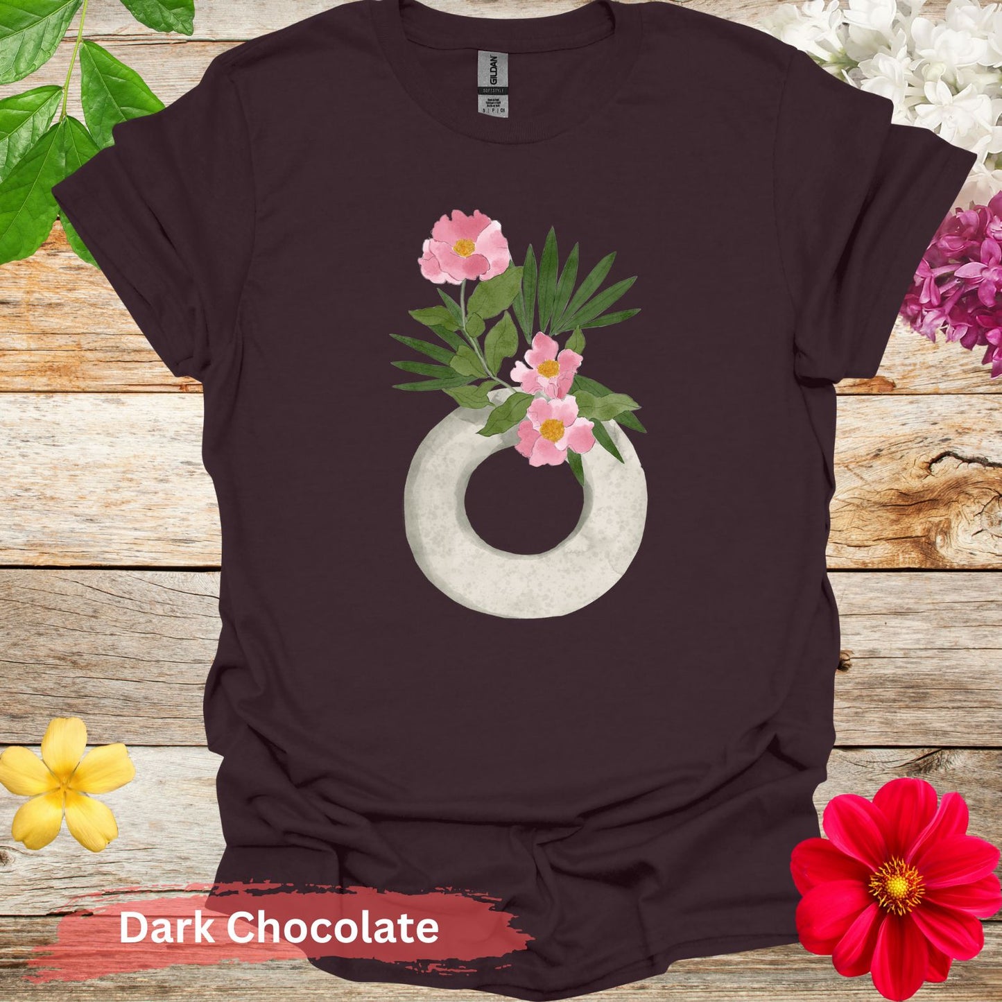 Watercolor Ikebana Camellia Floral T-Shirt - S / Dark Chocolate - Physical Item