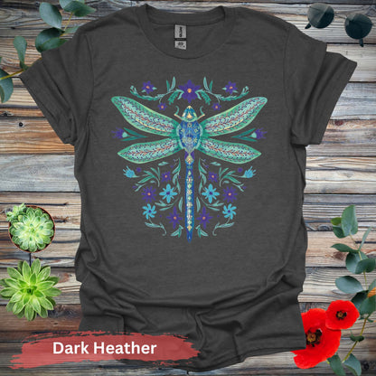 Dragonfly and Floral Graphic T-Shirt - S / Dark Heather - Physical Item