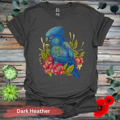 Blue Parrot With Red Flowers T-Shirt - S / Dark Heather - Physical Item