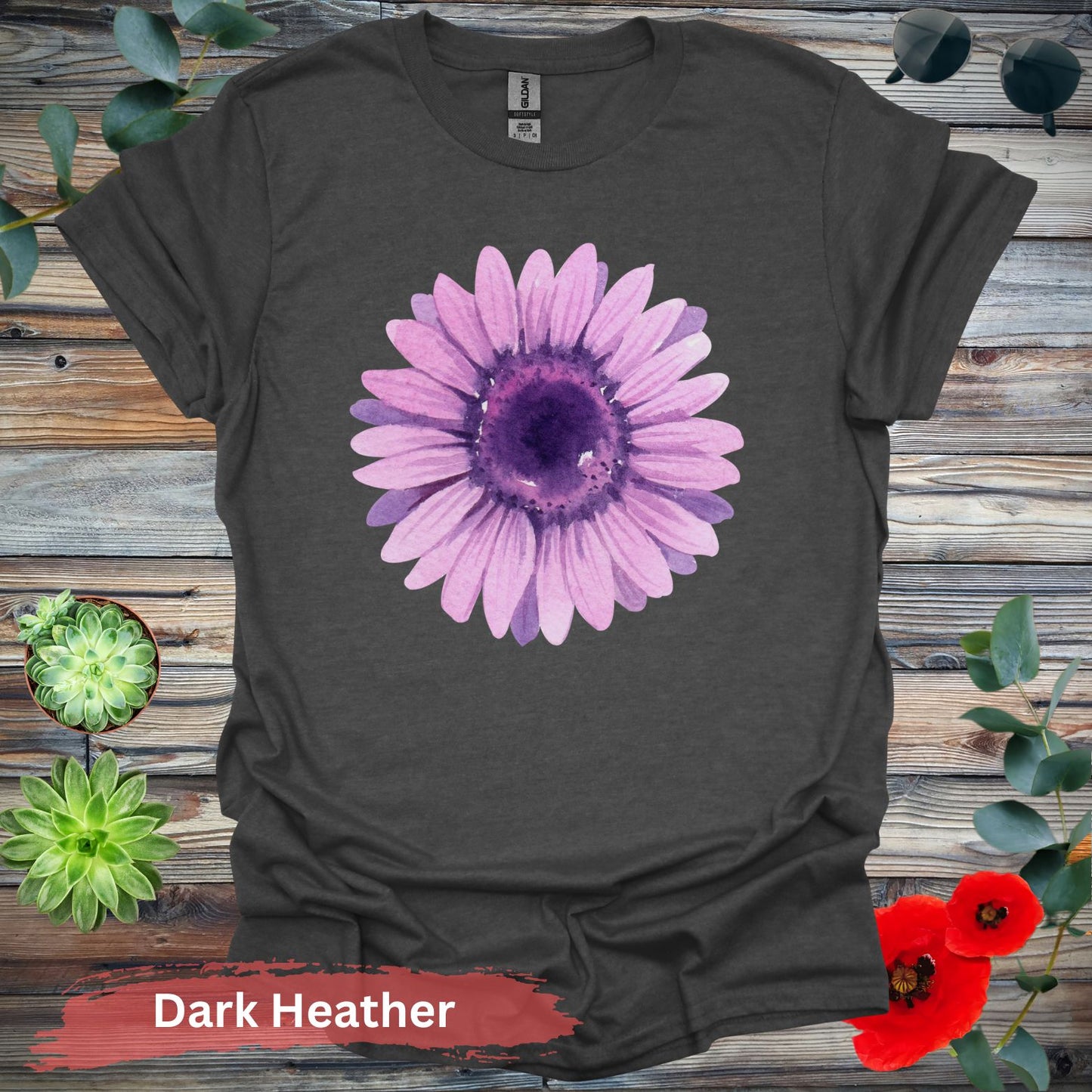 Purple Watercolor Flower T-shirt - S / Dark Heather - Physical Item