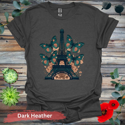 Eiffel Tower with Butterflies T-Shirt - S / Dark Heather - Physical Item