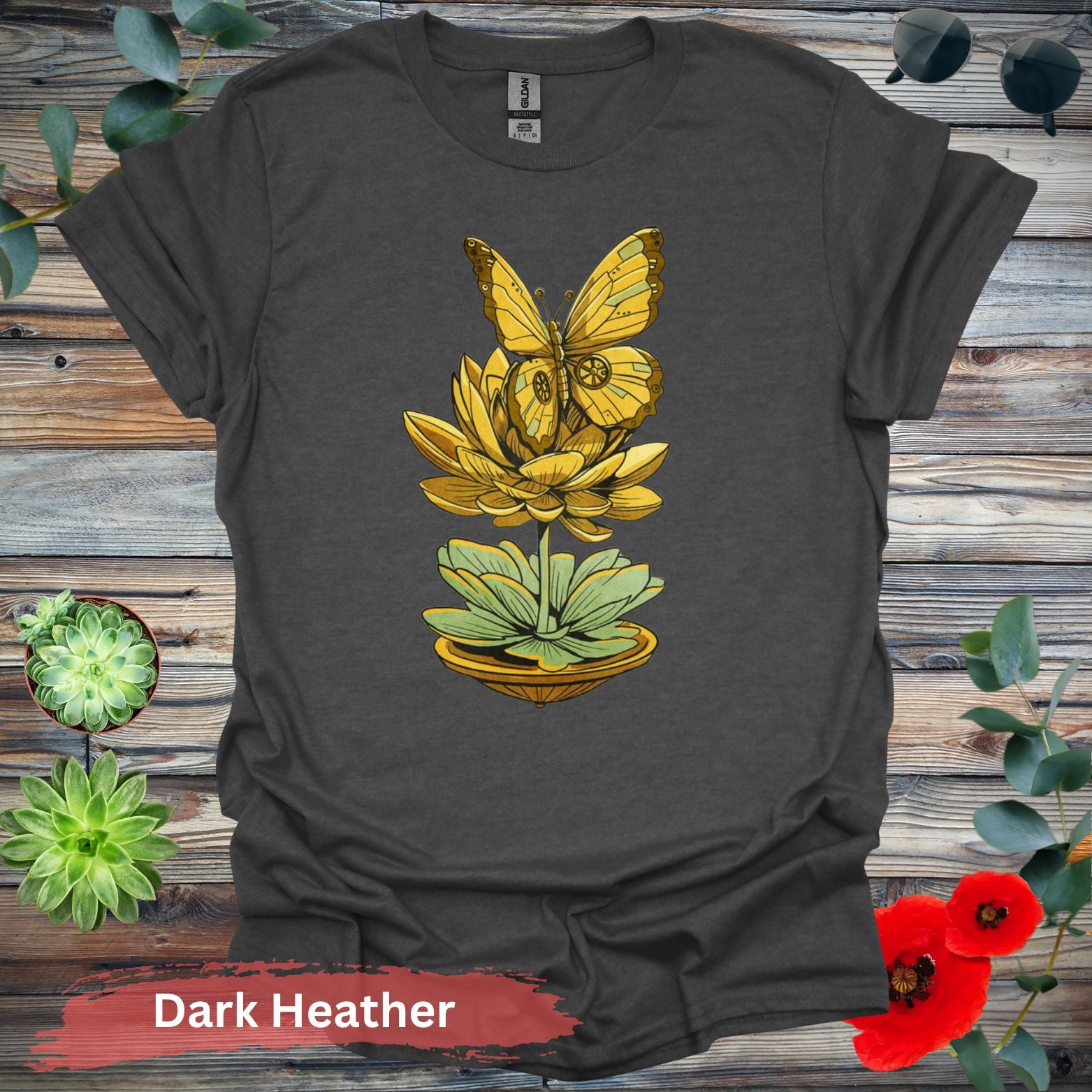 Steampunk-inspired Butterfly and Lotus T-Shirt - S / Dark Heather - Physical Item