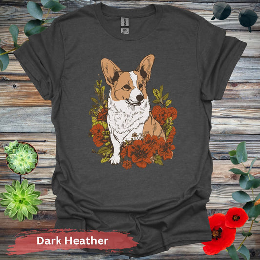 Floral Corgi T-shirt - S / Dark Heather - Physical Item