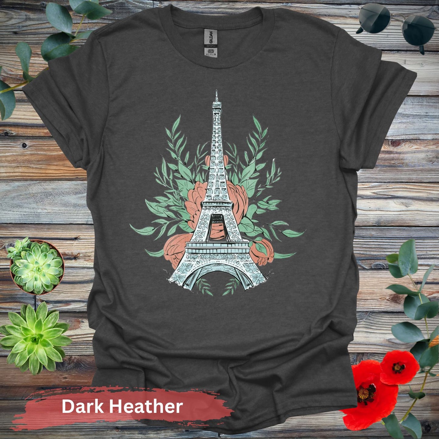 Eiffel Tower and Floral Design Graphic T-Shirt - S / Dark Heather - Physical Item