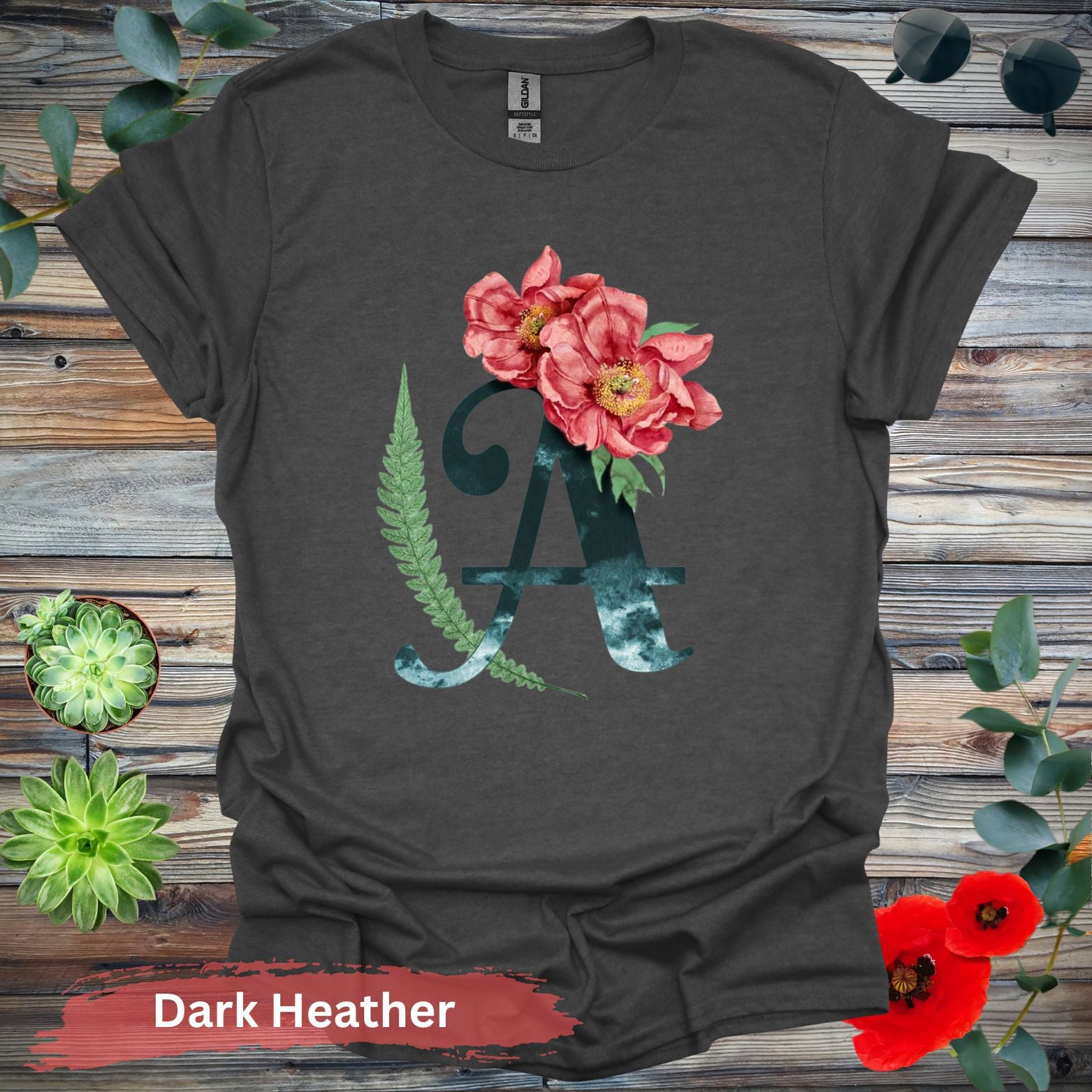 Floral Letter A T-shirt - S / Dark Heather - Physical Item