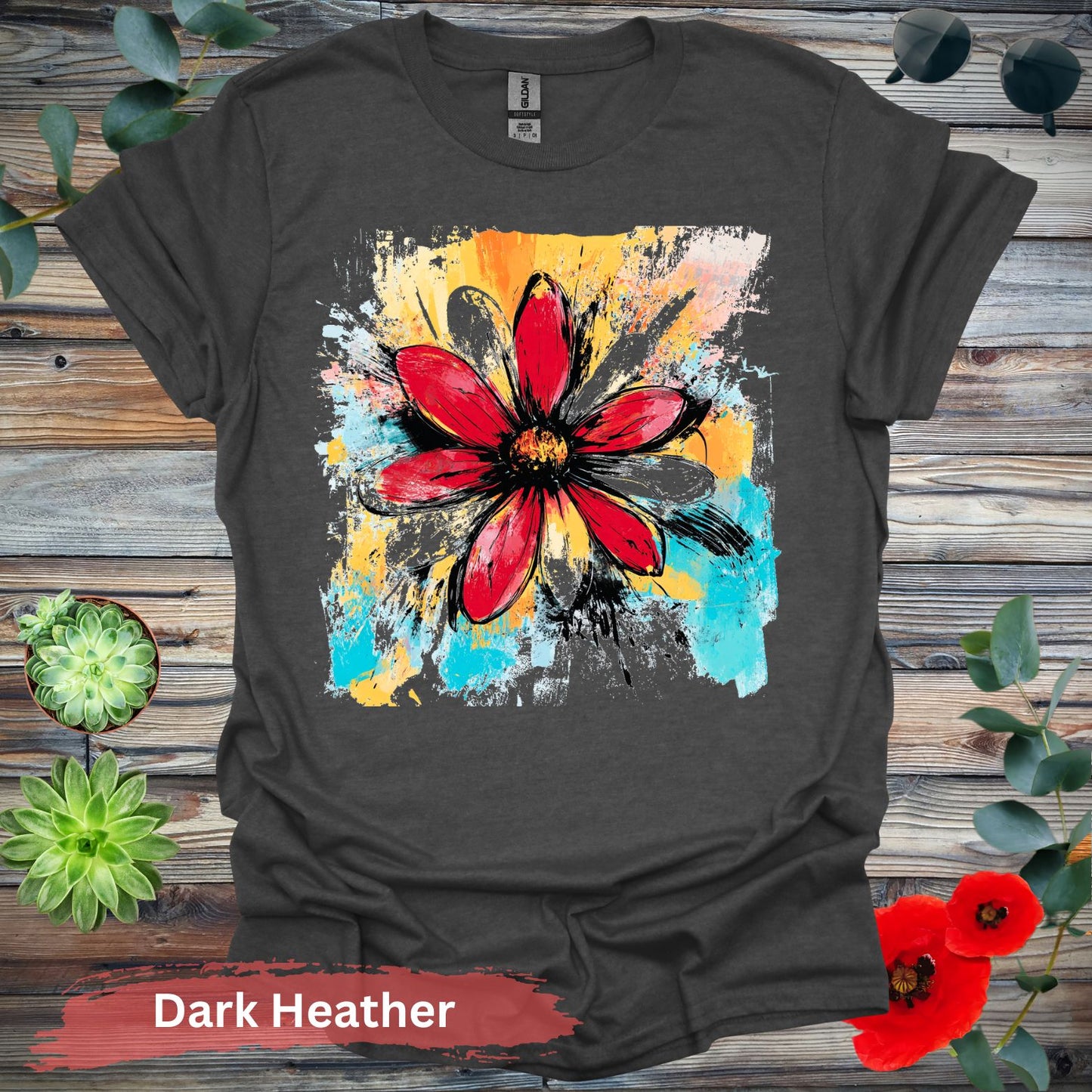 Vivid abstract daisy floral T-shirt - S / Dark Heather - Physical Item