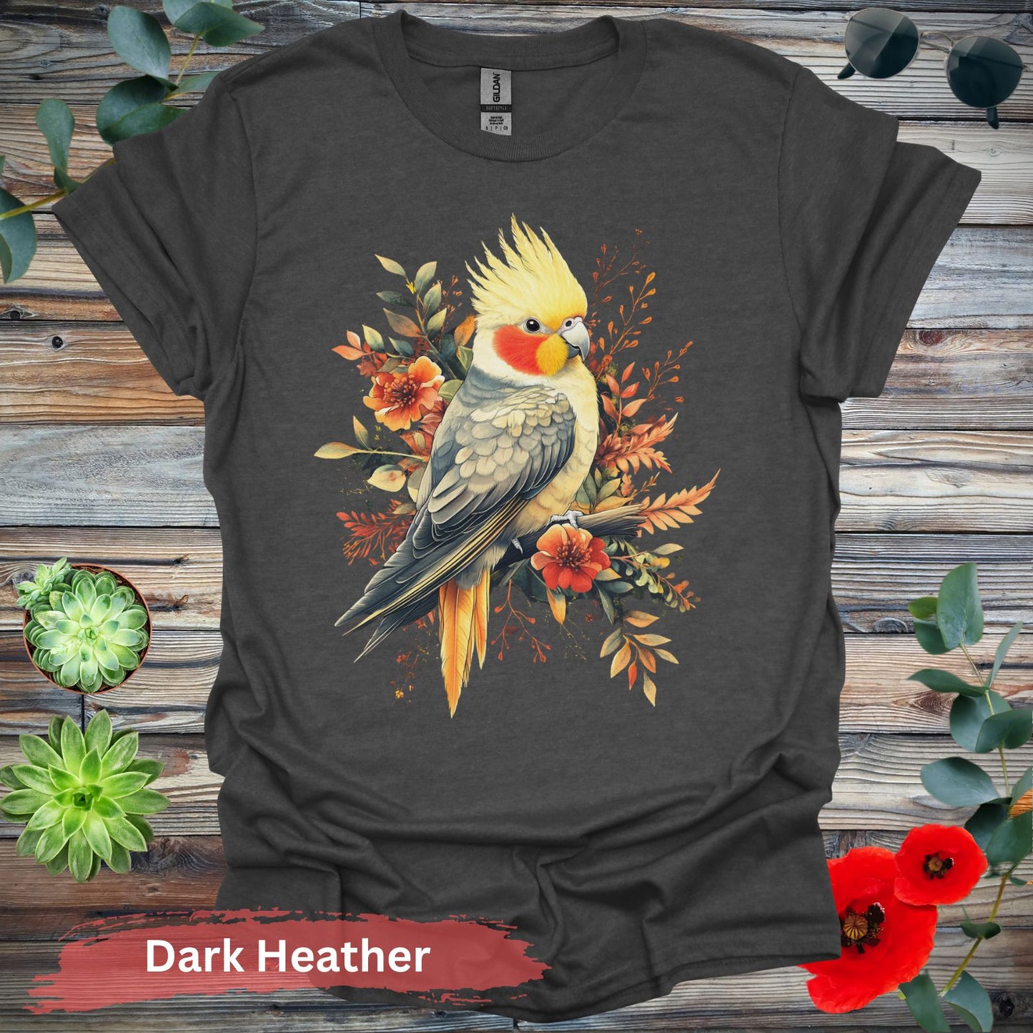 Vibrant Cockatiel and Floral Design T-Shirt - S / Dark Heather - Physical Item