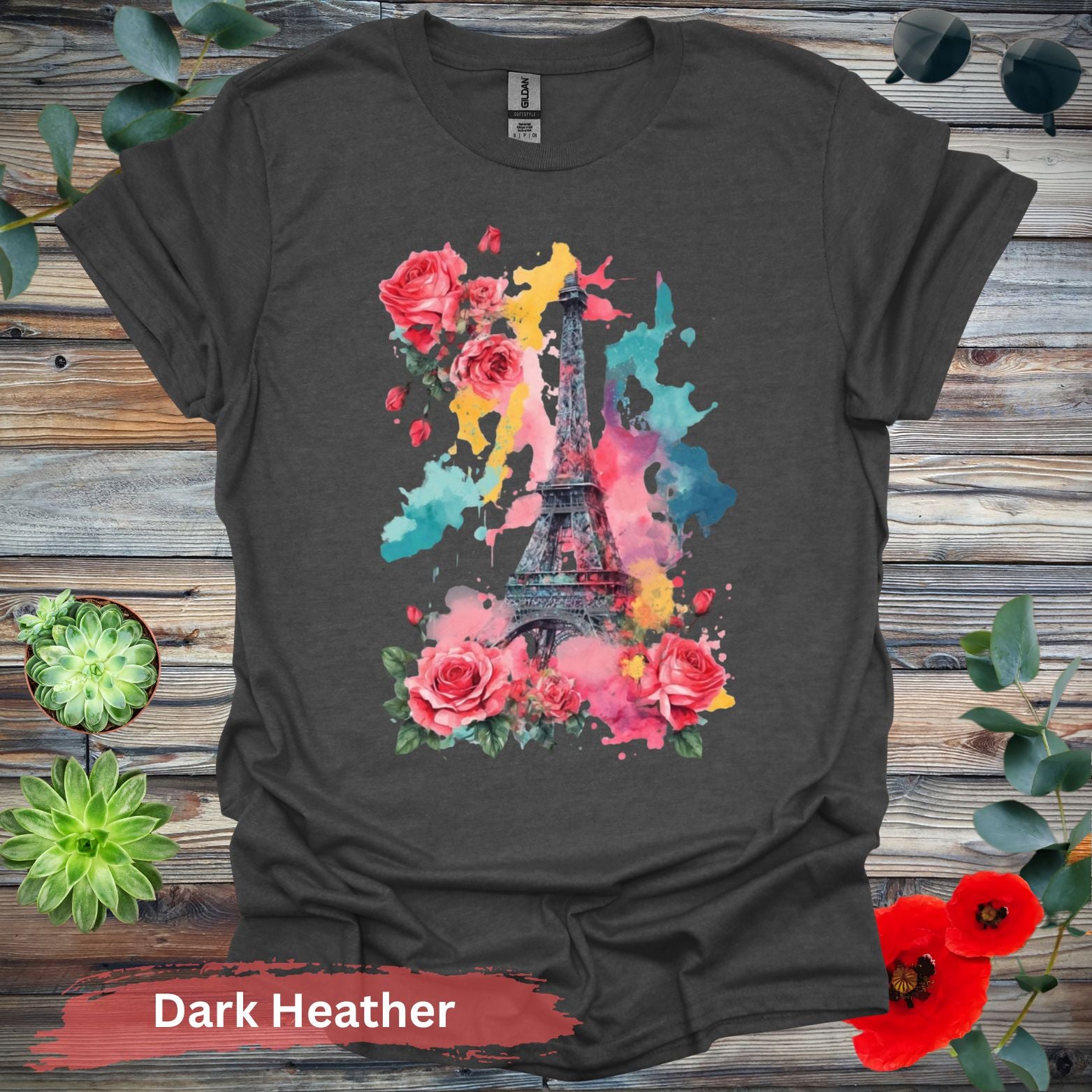 Eiffel Tower and Roses T-Shirt - S / Dark Heather - Physical Item