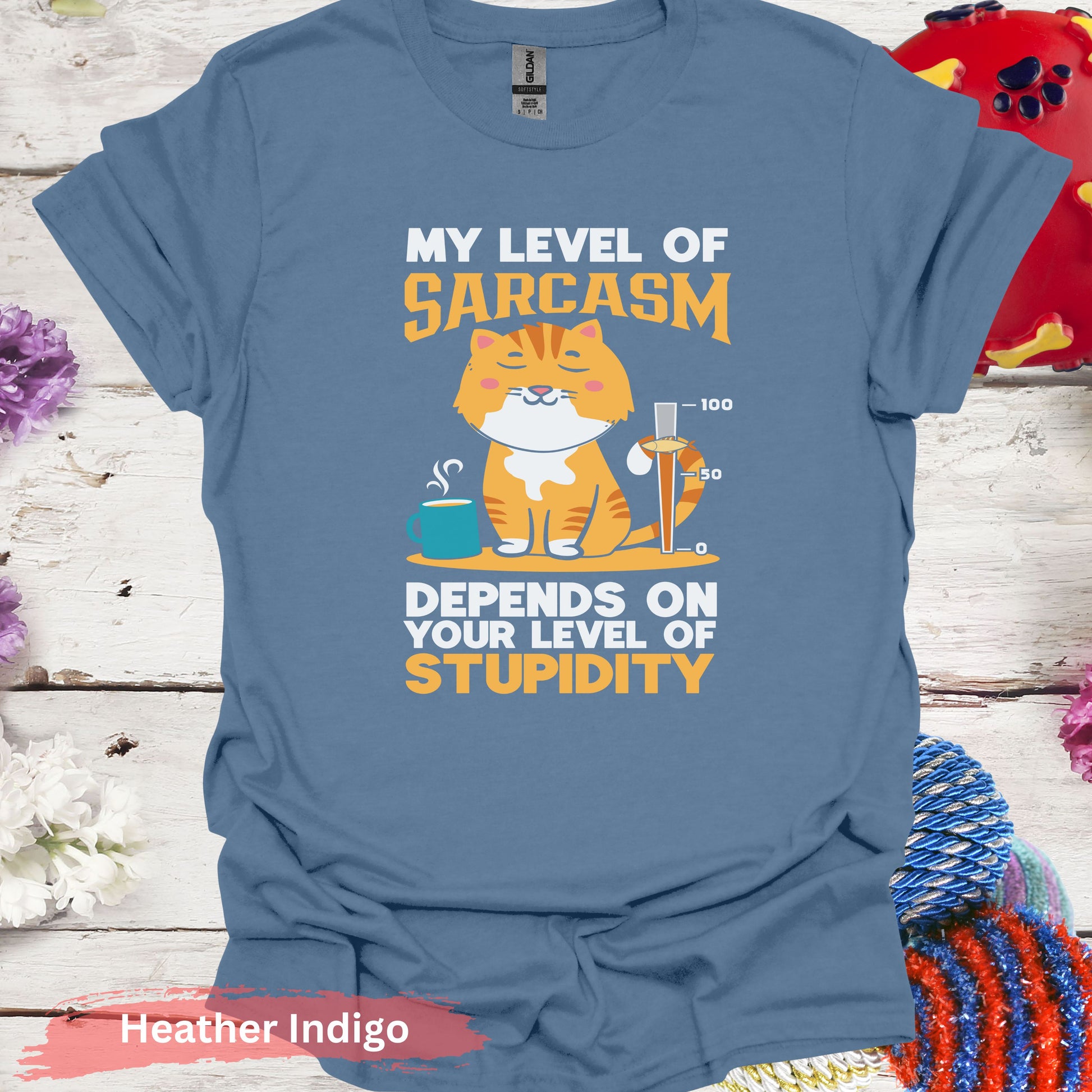 My level of sarcasm cat T-Shirt - S / Heather Indigo - Physical Item