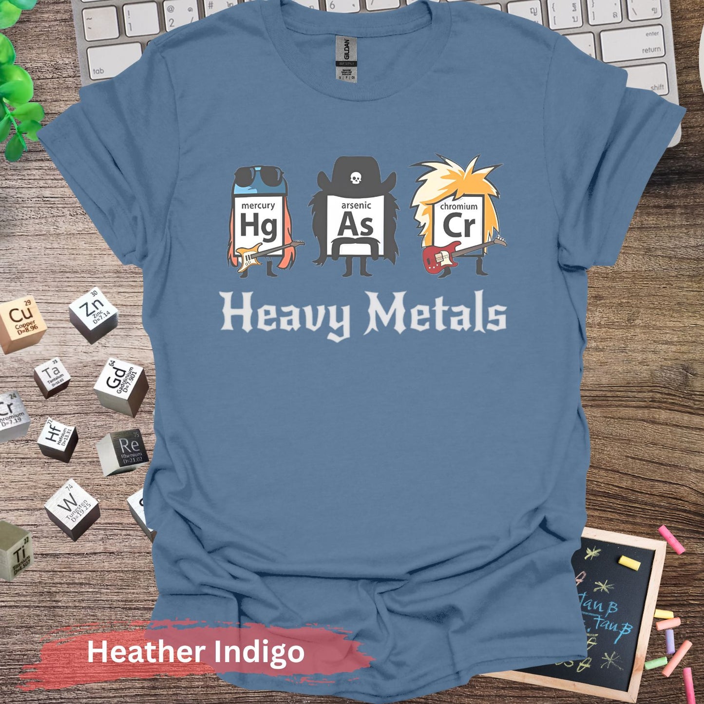 Heavy Metals Periodic Table T-shirt - S / Heather Indigo - Physical Item