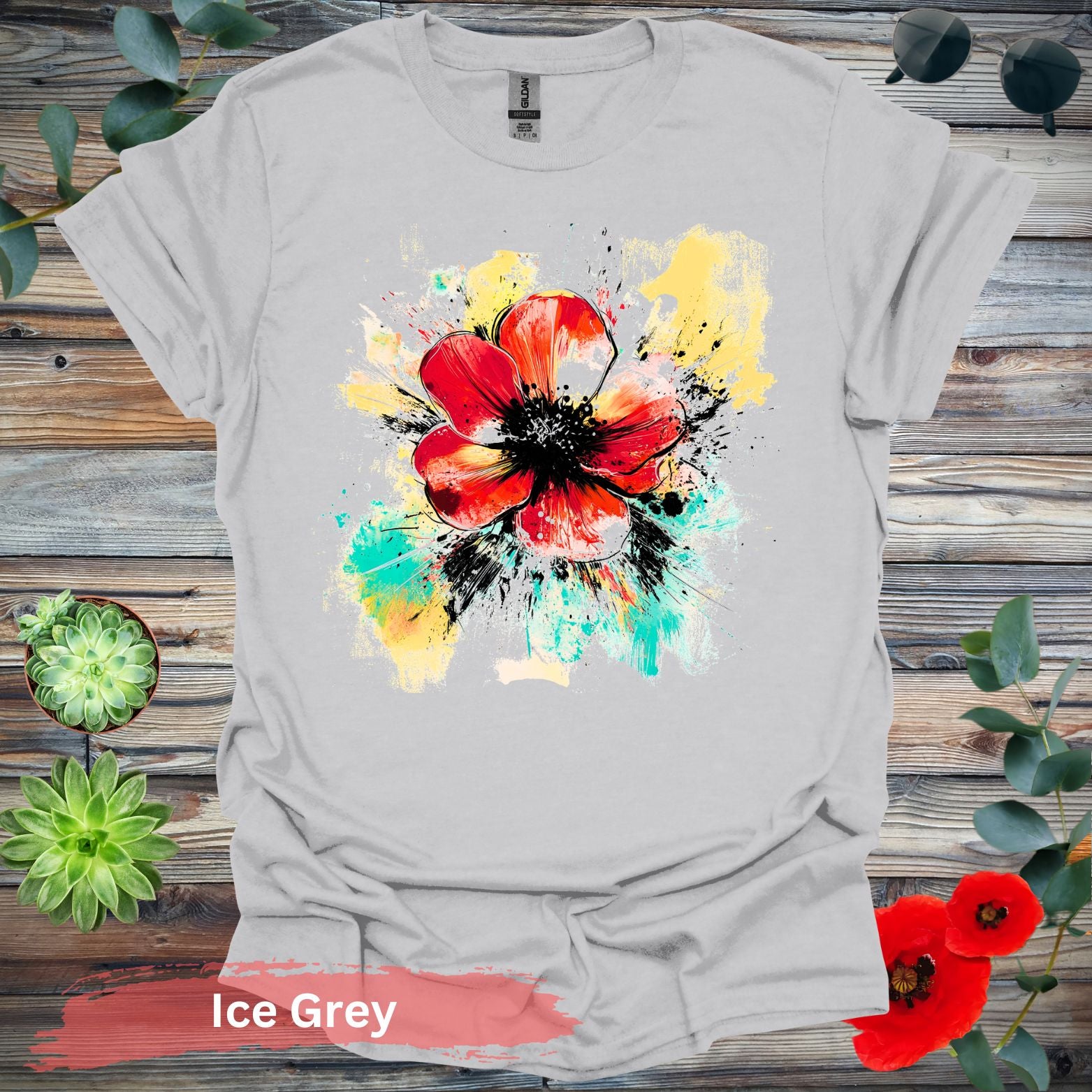 Vivid abstract daisy Graphic T-shirt - S / Ice Grey - Physical Item