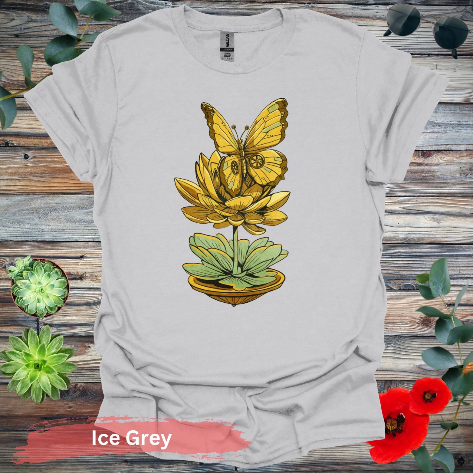 Steampunk-inspired Butterfly and Lotus T-Shirt - S / Ice Grey - Physical Item