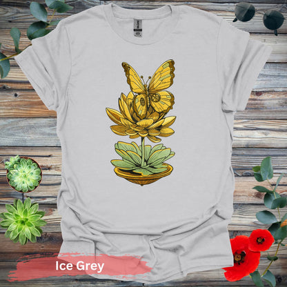 Steampunk-inspired Butterfly and Lotus T-Shirt - S / Ice Grey - Physical Item