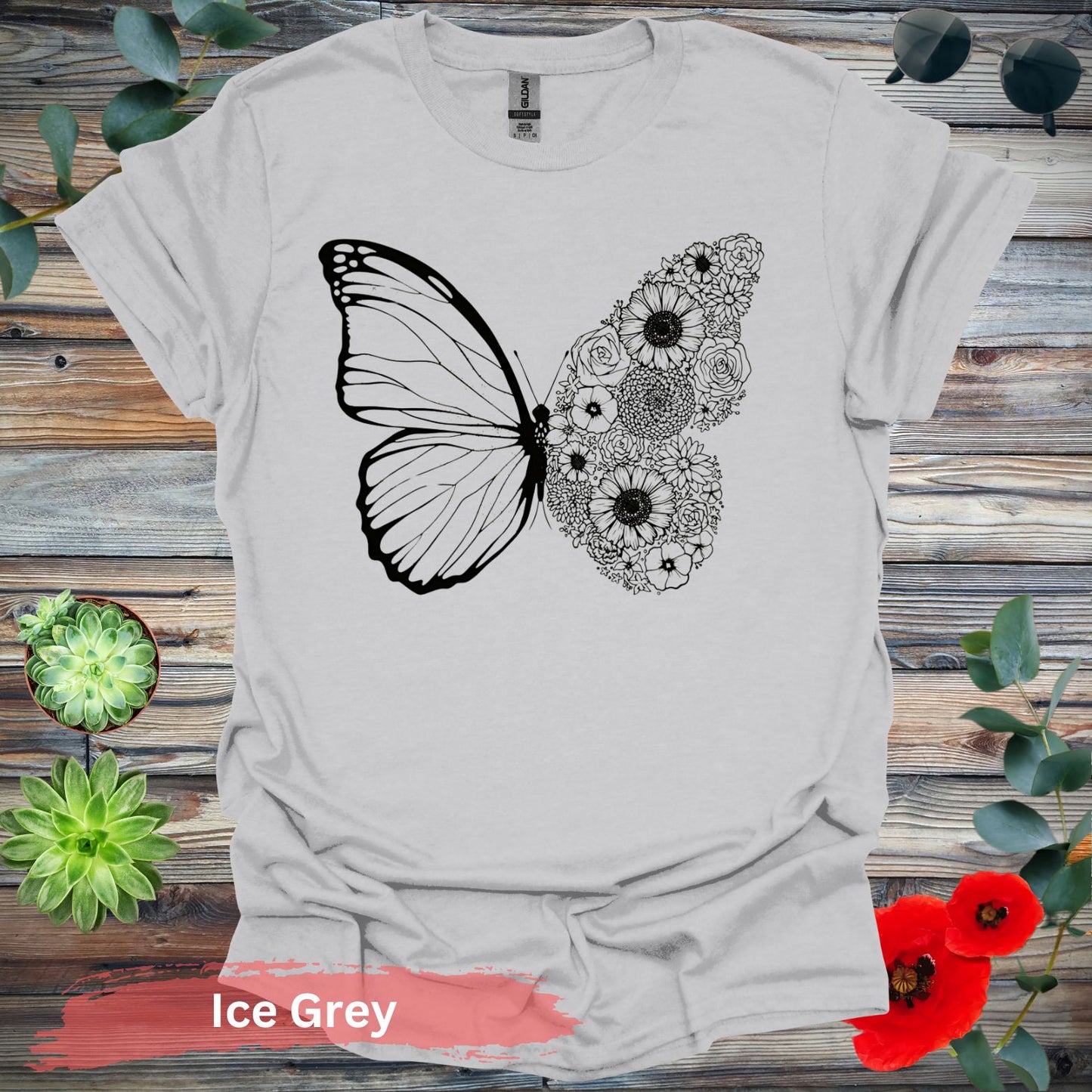 Floral and Butterfly T-Shirt - S / Ice Grey - Physical Item