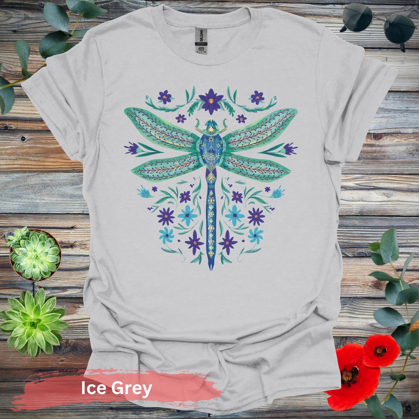 Dragonfly and Floral Graphic T-Shirt - S / Ice Grey - Physical Item