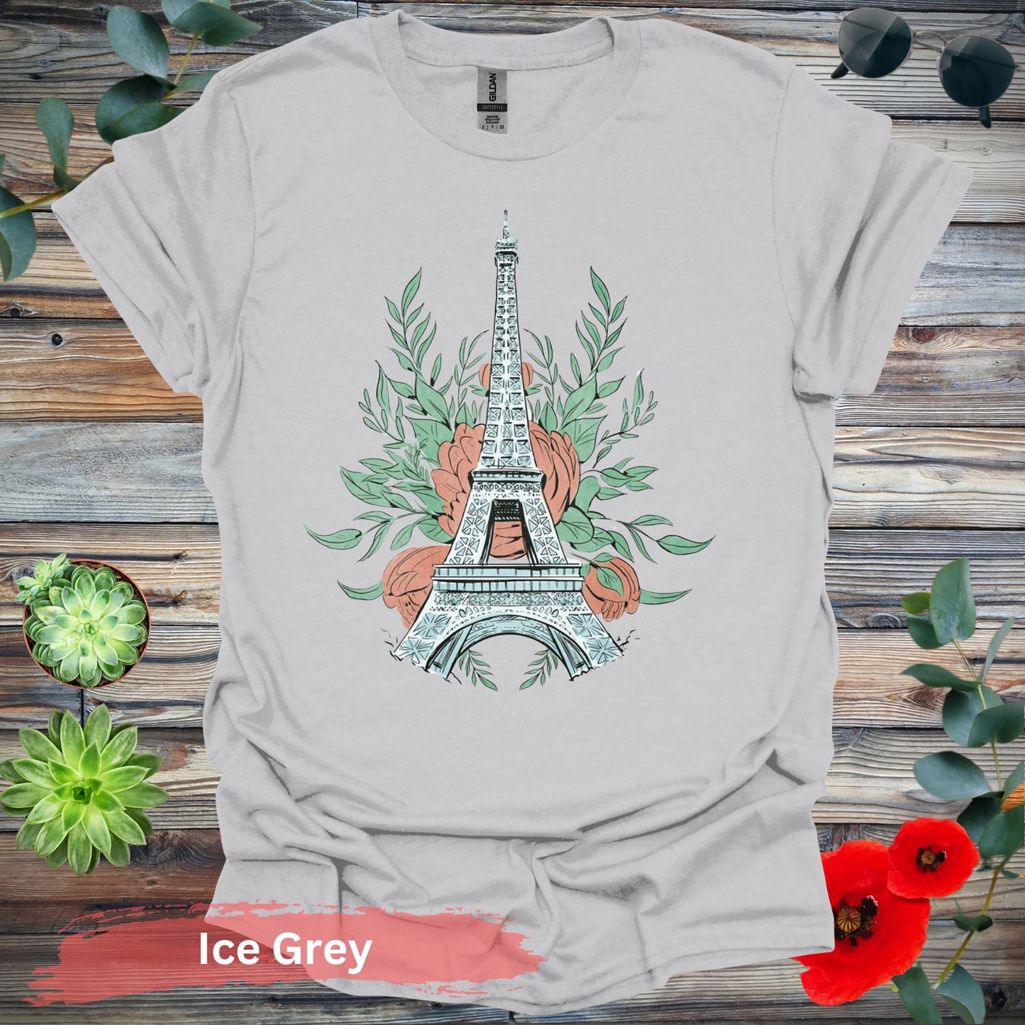 Eiffel Tower and Floral Design Graphic T-Shirt - S / Ice Grey - Physical Item