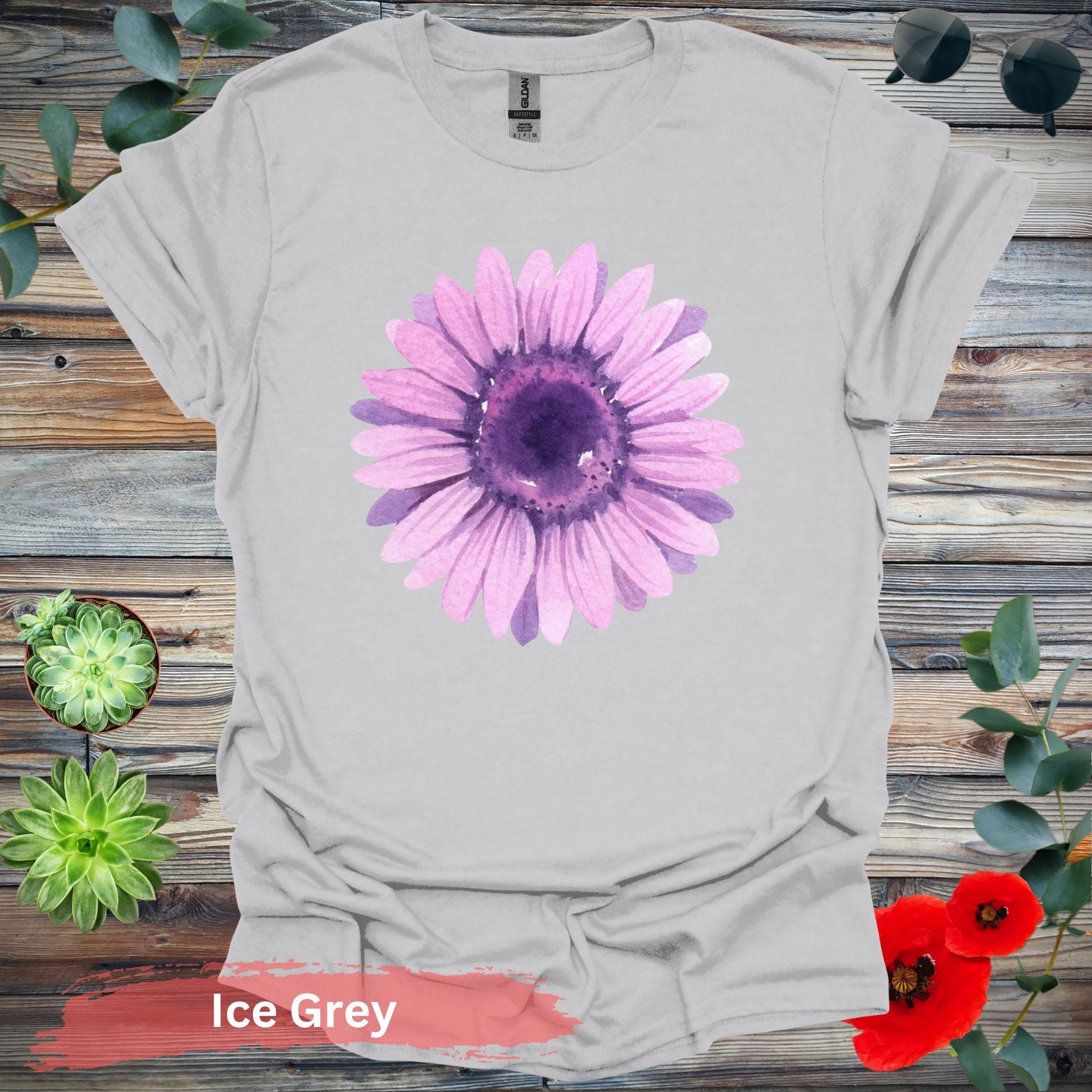 Purple Watercolor Flower T-shirt - S / Ice Grey - Physical Item