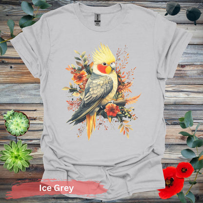 Vibrant Cockatiel and Floral Design T-Shirt - S / Ice Grey - Physical Item