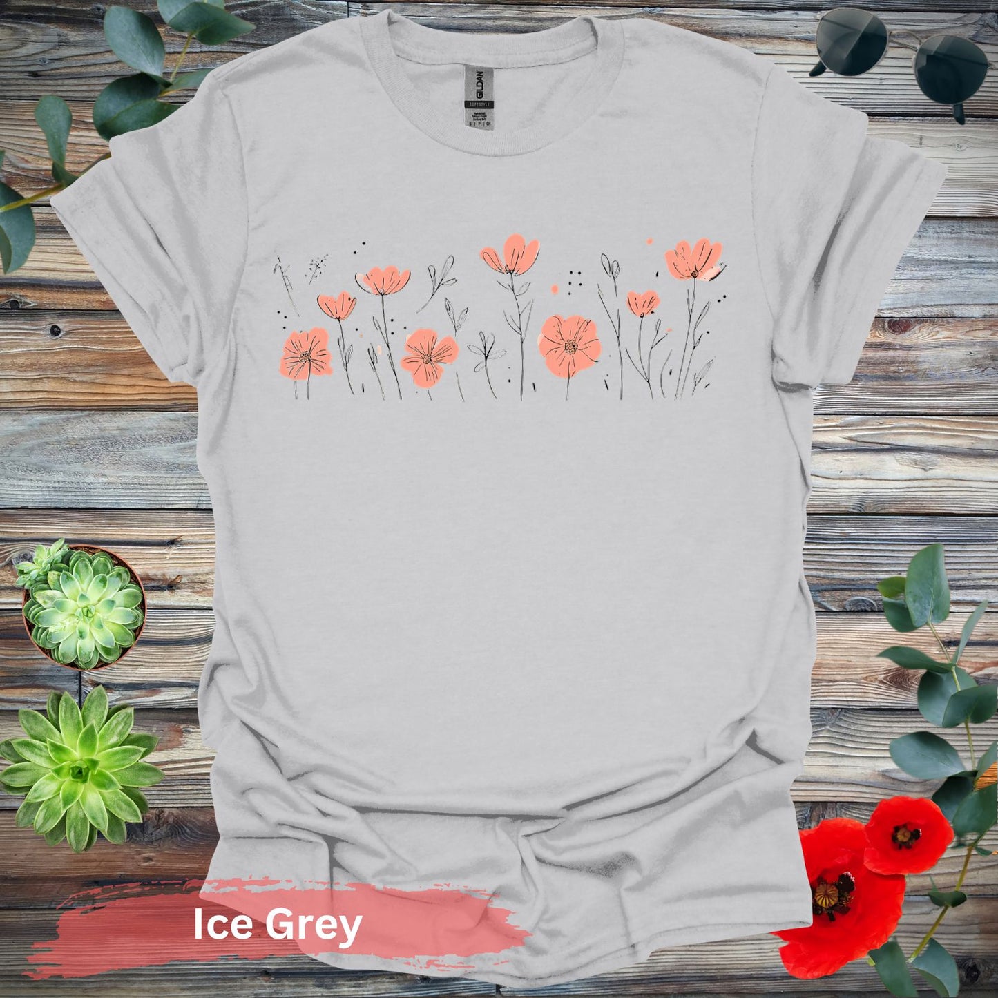 Orange Flowers Line Art T-Shirt - S / Ice Grey - Physical Item