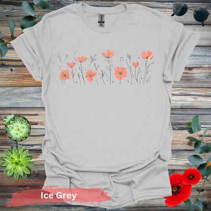 Orange Flowers Line Art T-Shirt - S / Ice Grey - Physical Item