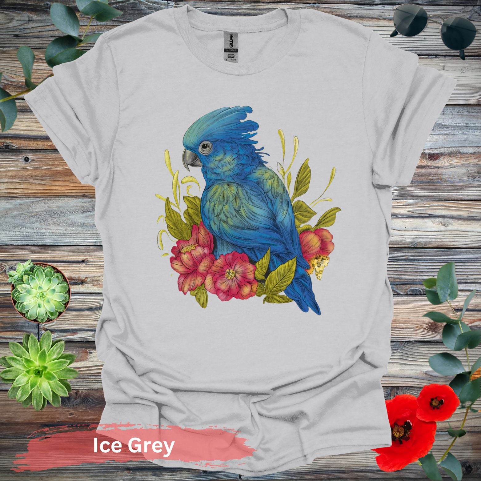 Blue Parrot With Red Flowers T-Shirt - S / Ice Grey - Physical Item