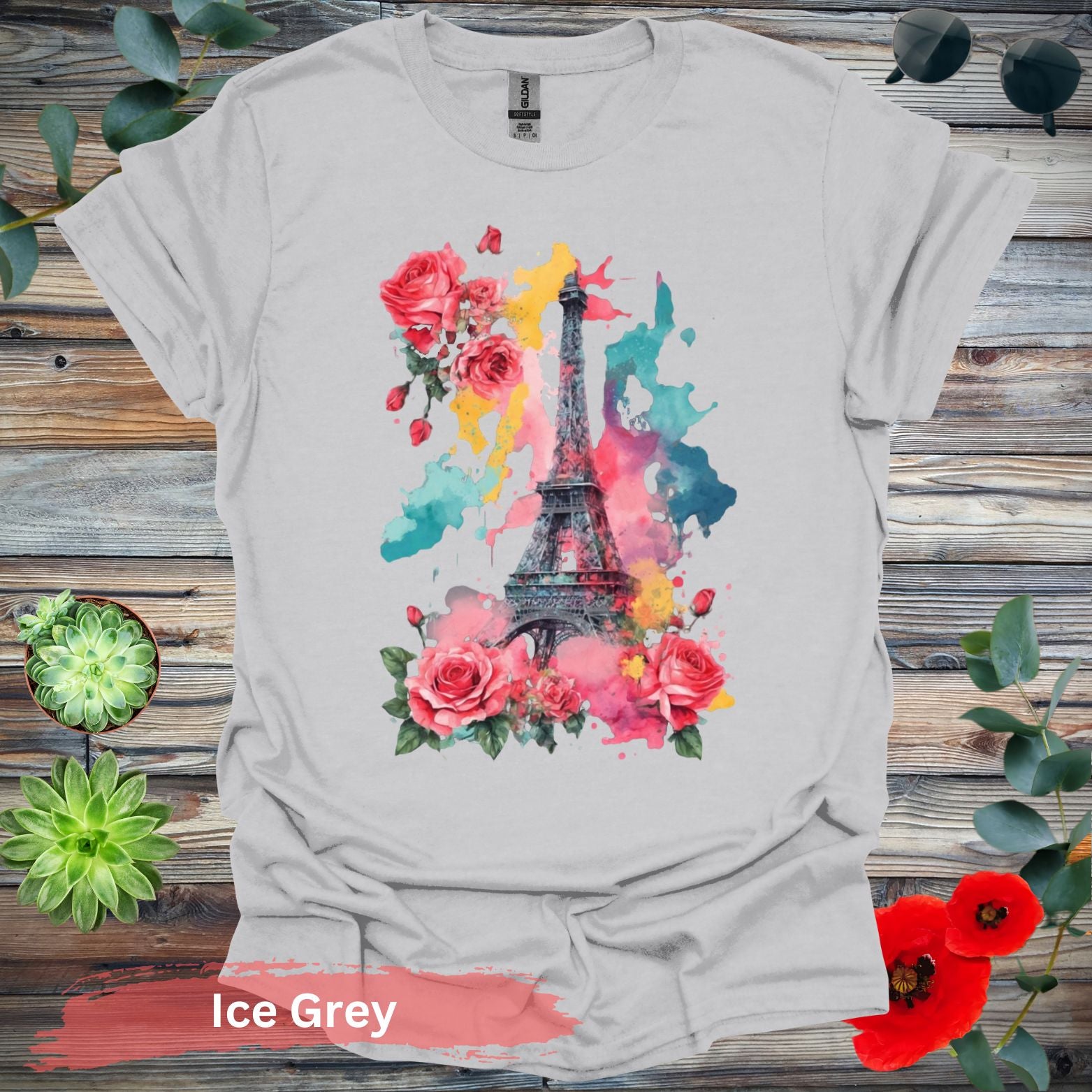 Eiffel Tower and Roses T-Shirt - S / Ice Grey - Physical Item