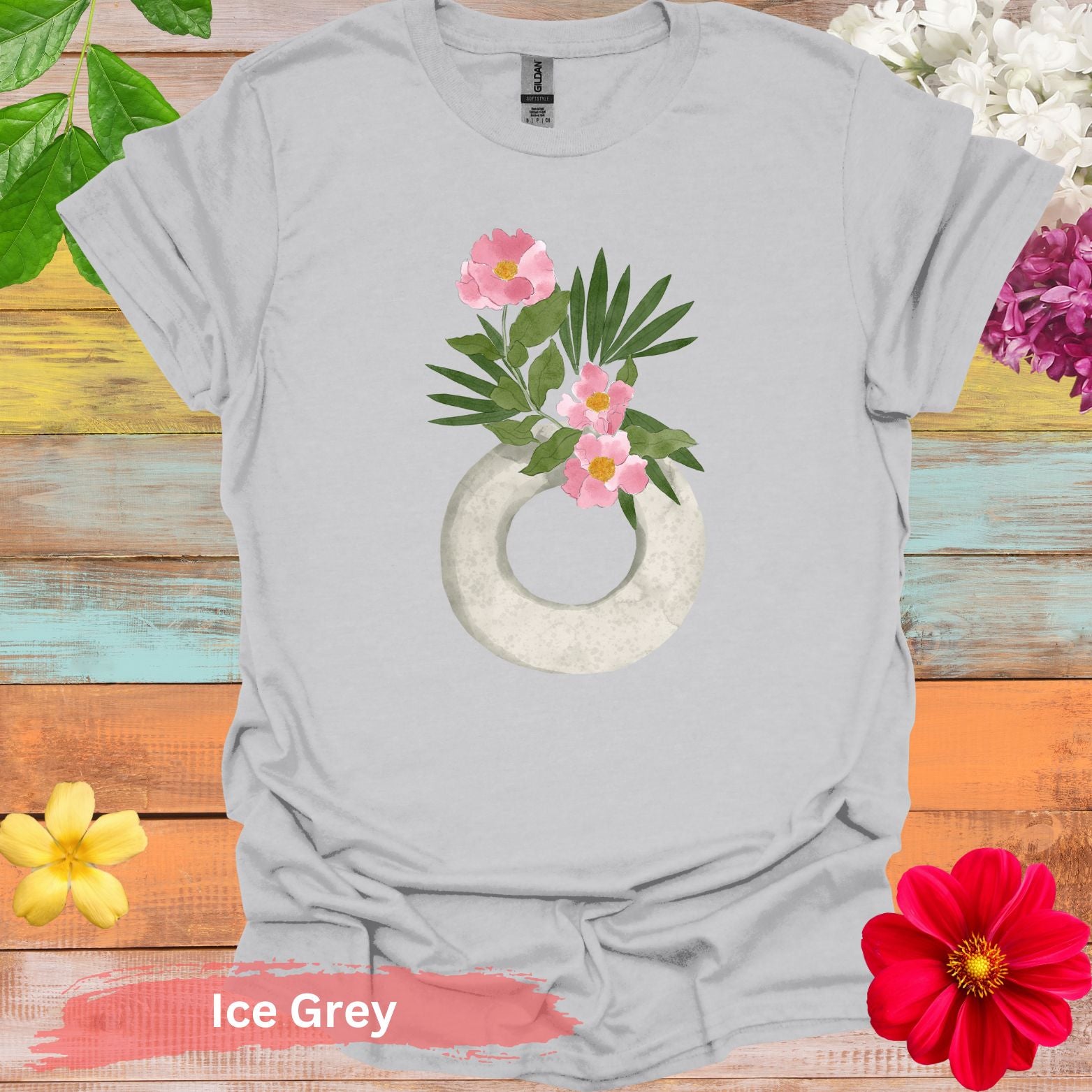 Watercolor Ikebana Camellia Floral T-Shirt - S / Ice Grey - Physical Item