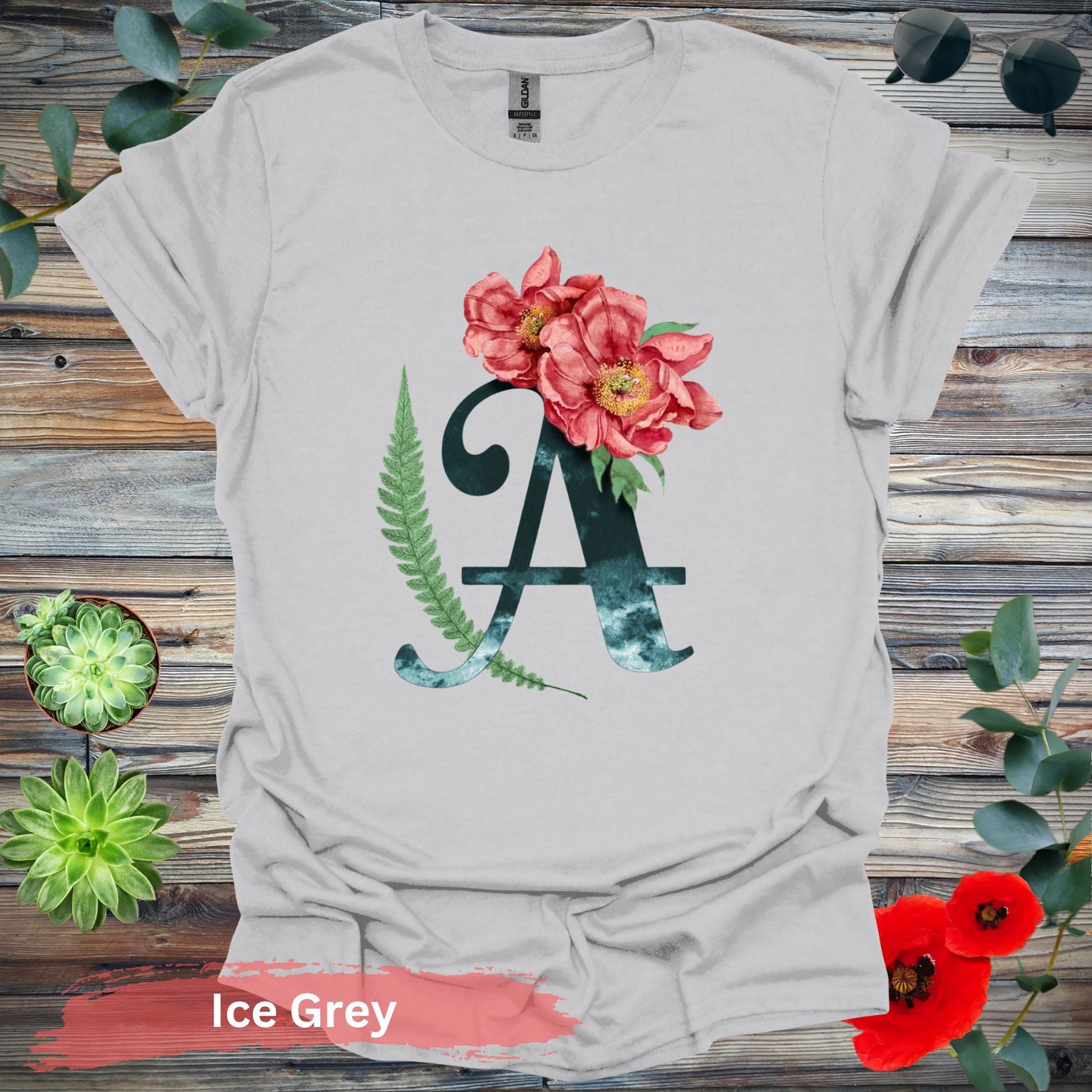 Floral Letter A T-shirt - S / Ice Grey - Physical Item