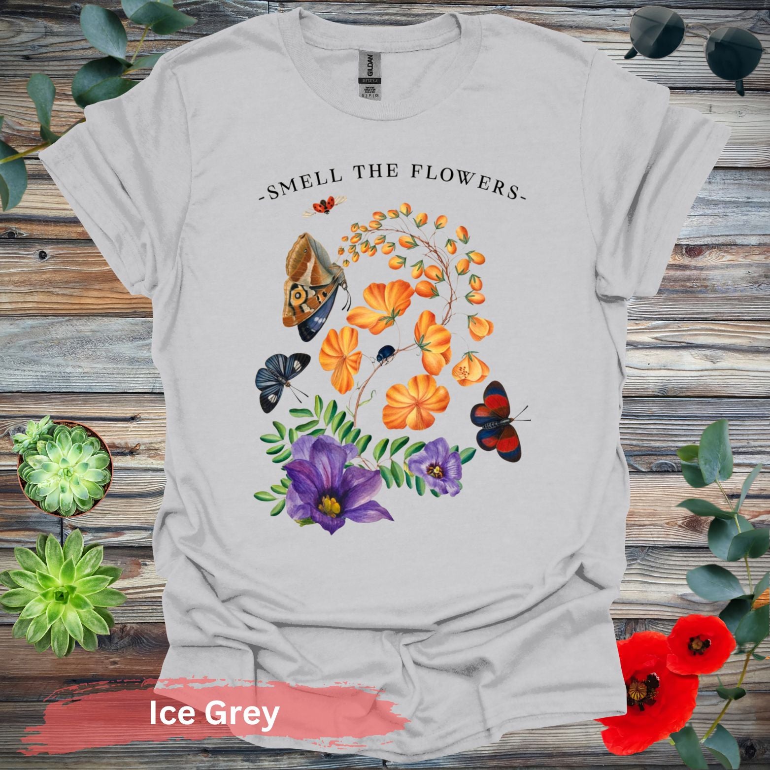 Smell The Flowers Colorful Butterfly T-Shirt - S / Ice Grey - Physical Item