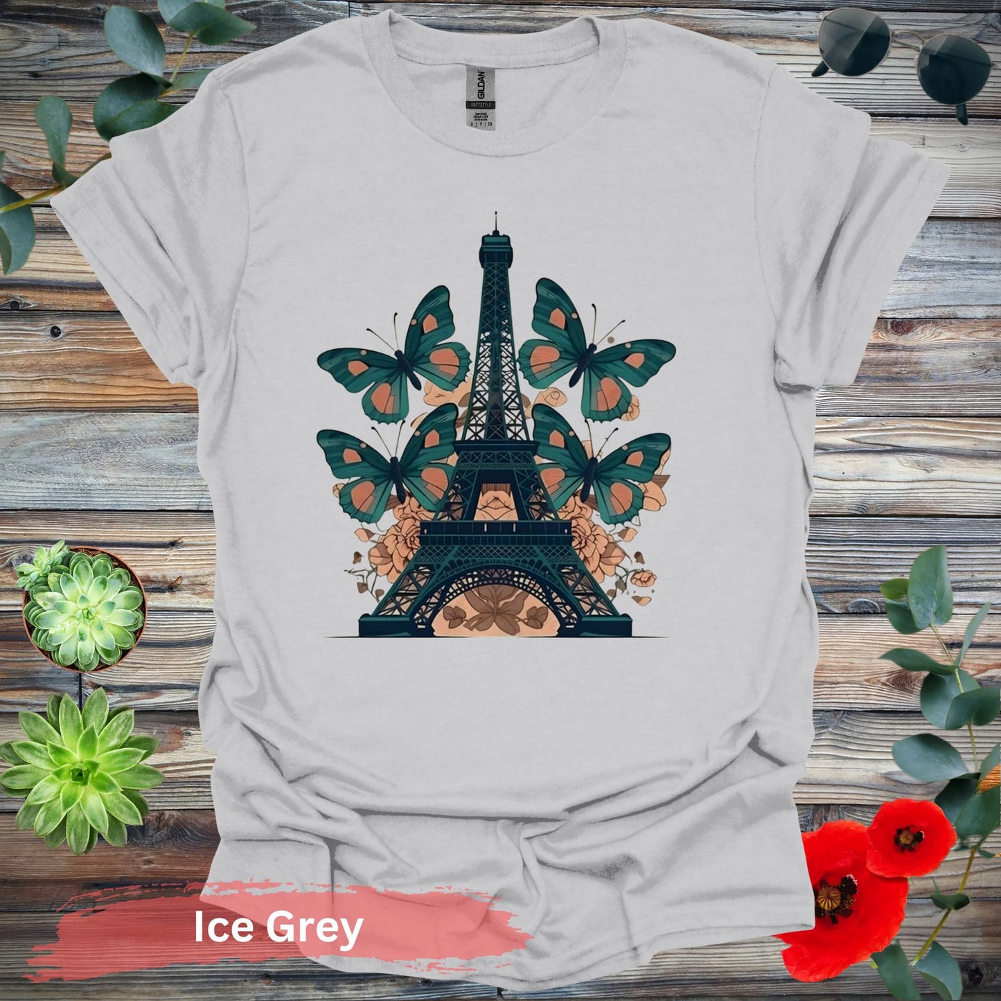 Eiffel Tower with Butterflies T-Shirt - S / Ice Grey - Physical Item