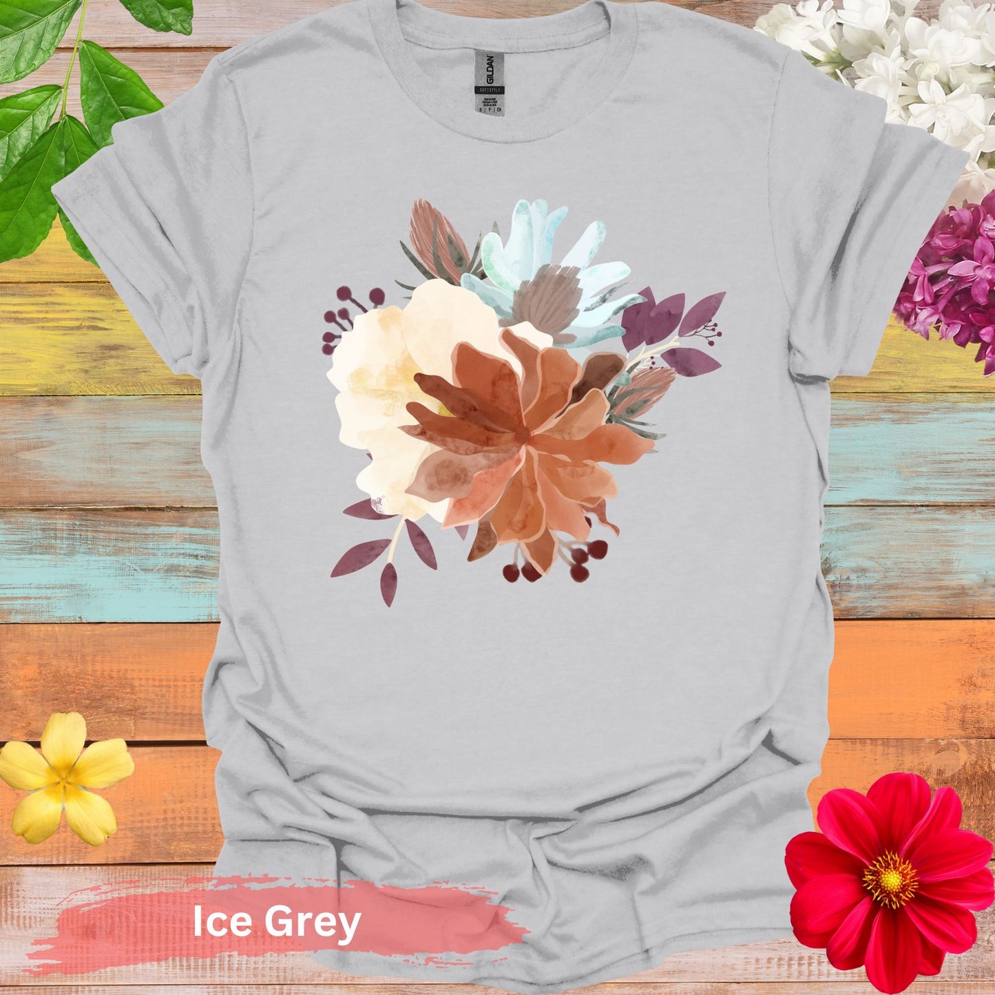 Colorful Floral Bouquet Design Graphic T-Shirt - S / Ice Grey - Physical Item