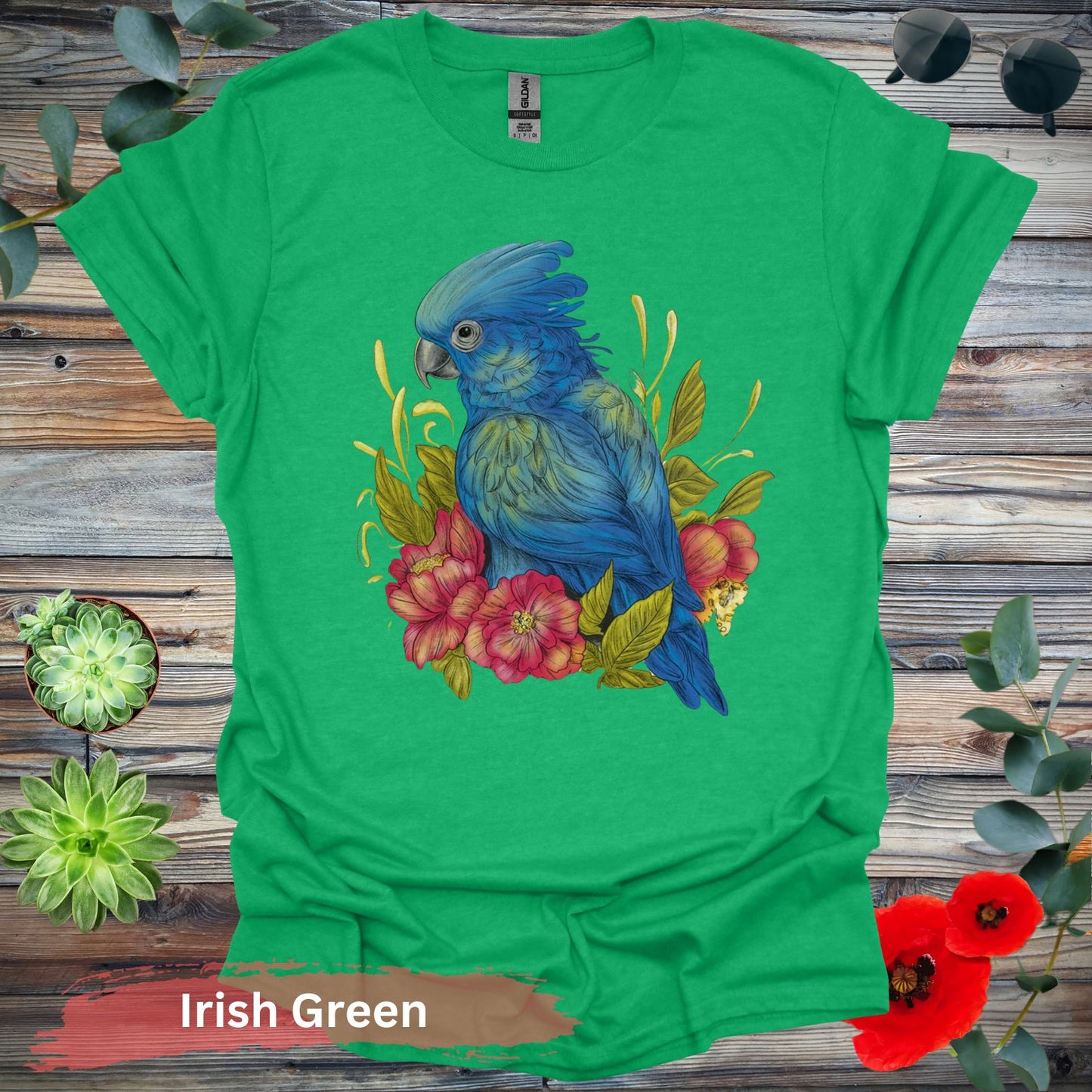 Blue Parrot With Red Flowers T-Shirt - S / Irish Green - Physical Item