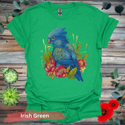 Blue Parrot With Red Flowers T-Shirt - S / Irish Green - Physical Item