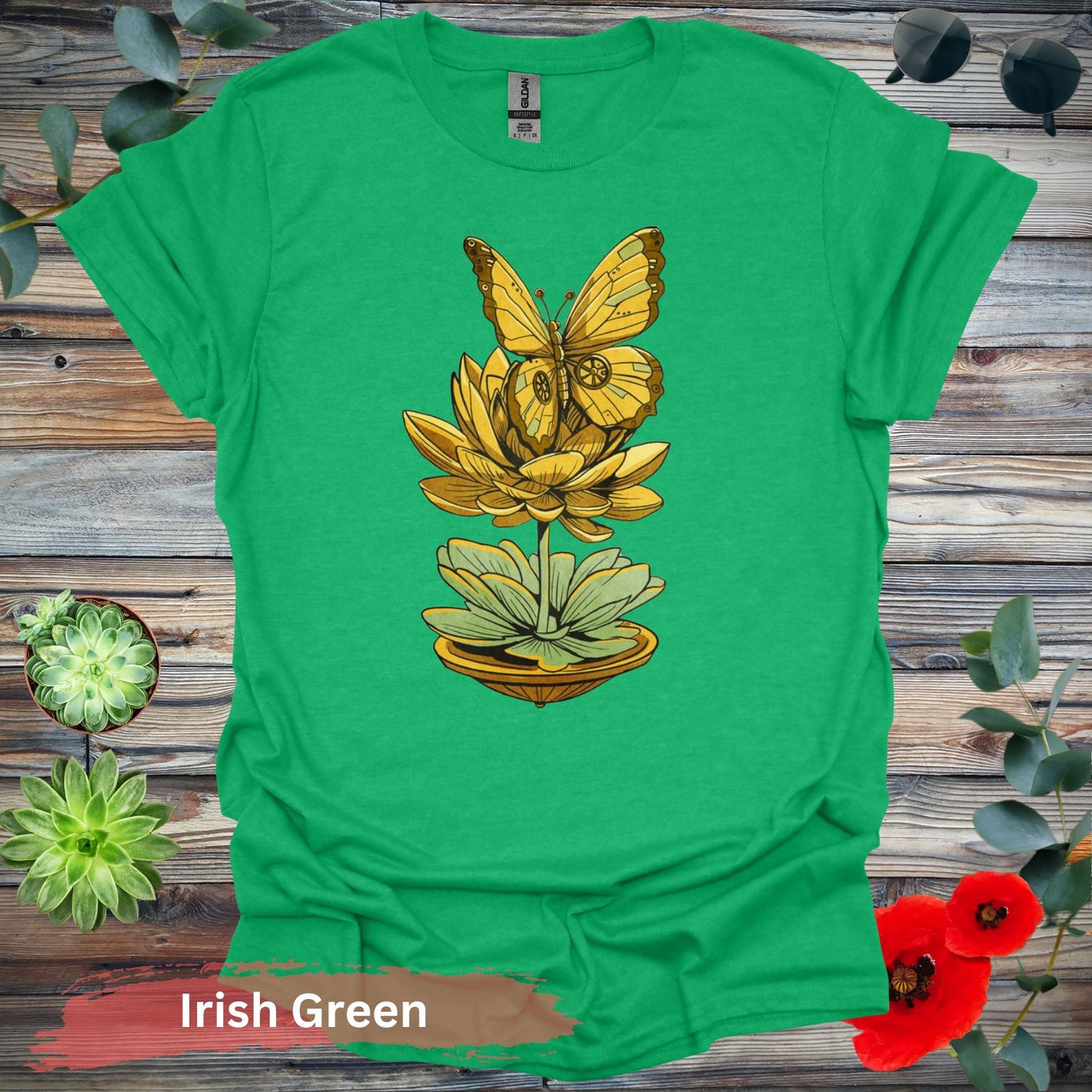 Steampunk-inspired Butterfly and Lotus T-Shirt - S / Irish Green - Physical Item