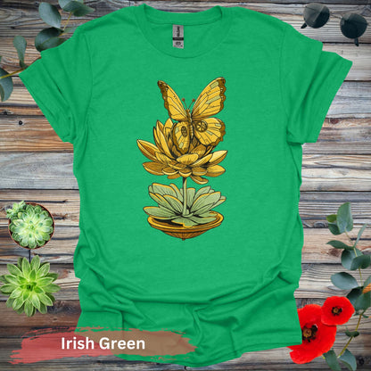 Steampunk-inspired Butterfly and Lotus T-Shirt - S / Irish Green - Physical Item