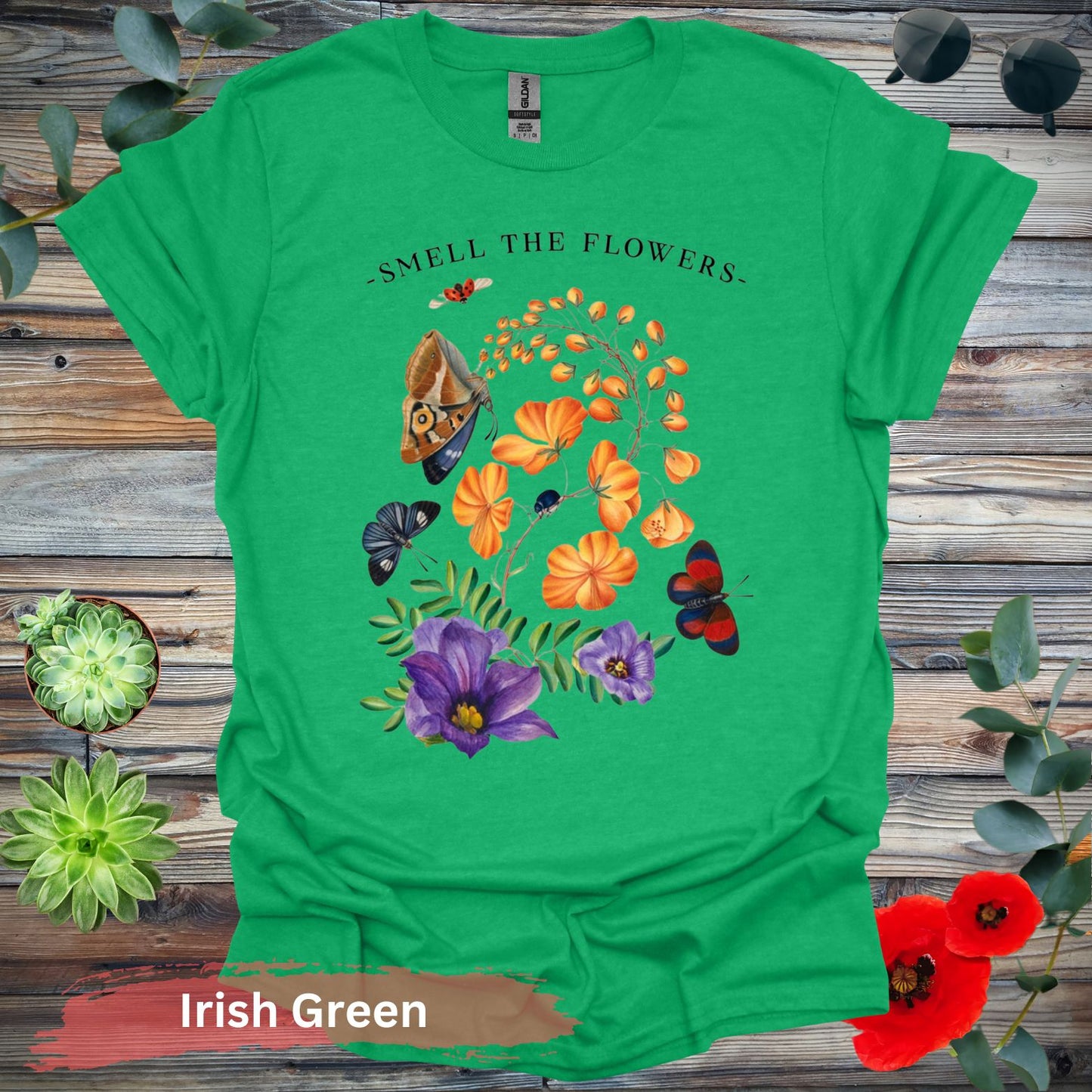 Smell The Flowers Colorful Butterfly T-Shirt - S / Irish Green - Physical Item