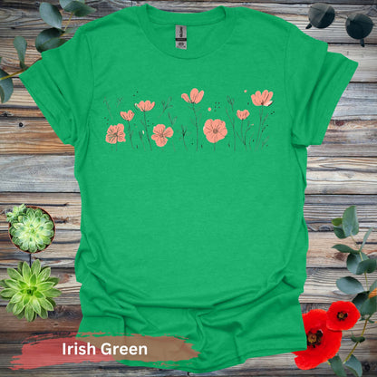 Orange Flowers Line Art T-Shirt - S / Irish Green - Physical Item